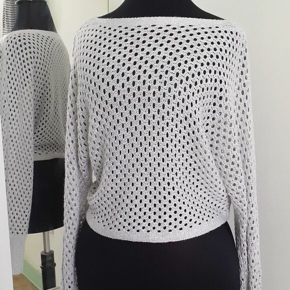 Express Waffle Crochet Metallic Acrylic Gray Knit Sweater Crop Top Size XS/TP - Picture 3 of 10